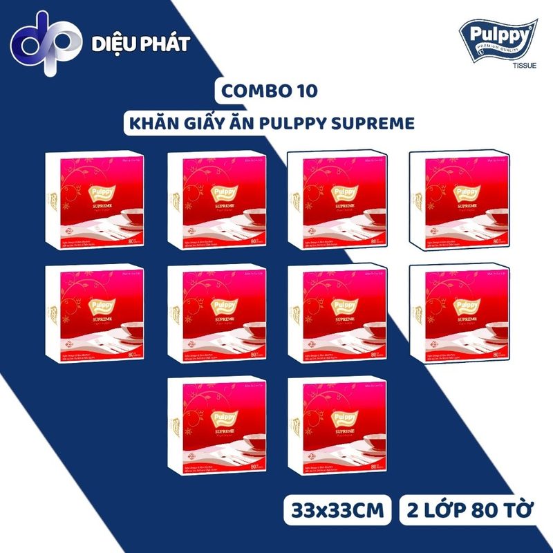 Ảnh 2 của COMBO Khăn Giấy Ăn Lụa Pulppy Supreme Đỏ 2 Lớp Gói 80 Tờ 33x33cm