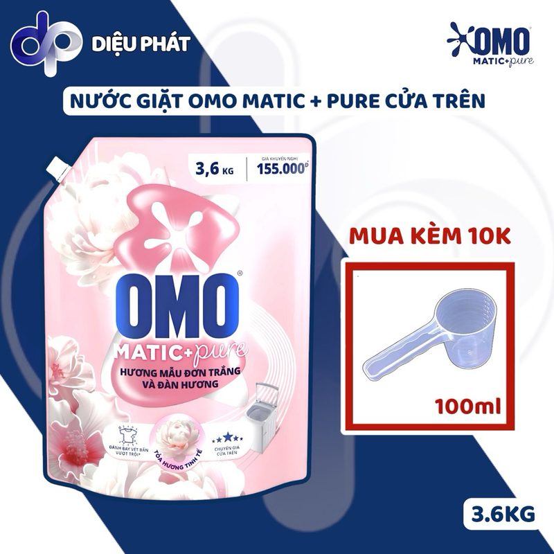 Ảnh 2 của Nước Giặt Cửa Trên OMO MATIC + Pure Hương Mẫu Đơn Và Đàn Hương Túi 3.6KG - Giặt Sạch Thơm Lâu