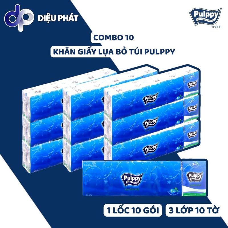 Ảnh 2 của COMBO Khăn Giấy Lụa Bỏ Túi Pulppy 1 Lốc 10 Gói, Gói 10 Tờ x 3 Lớp 21,5x20cm