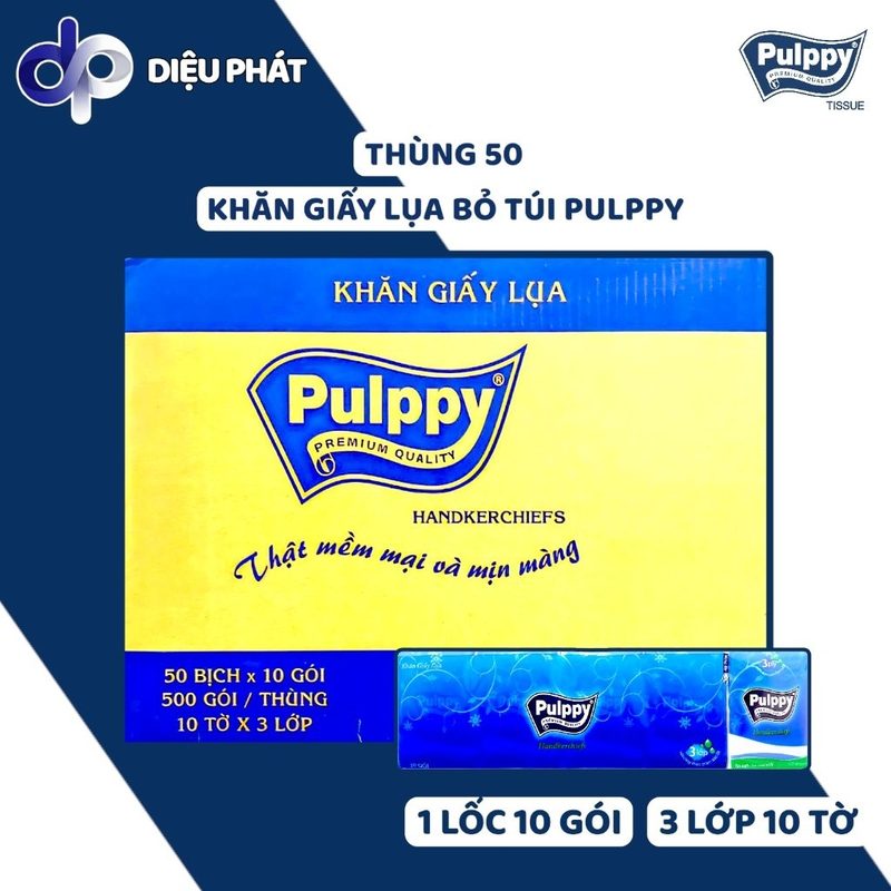 Ảnh 2 của Thùng Khăn Giấy Lụa Bỏ Túi Pulppy Xanh 1 Lốc 10 Gói, Gói 10 Tờ x 3 Lớp 21,5x20cm